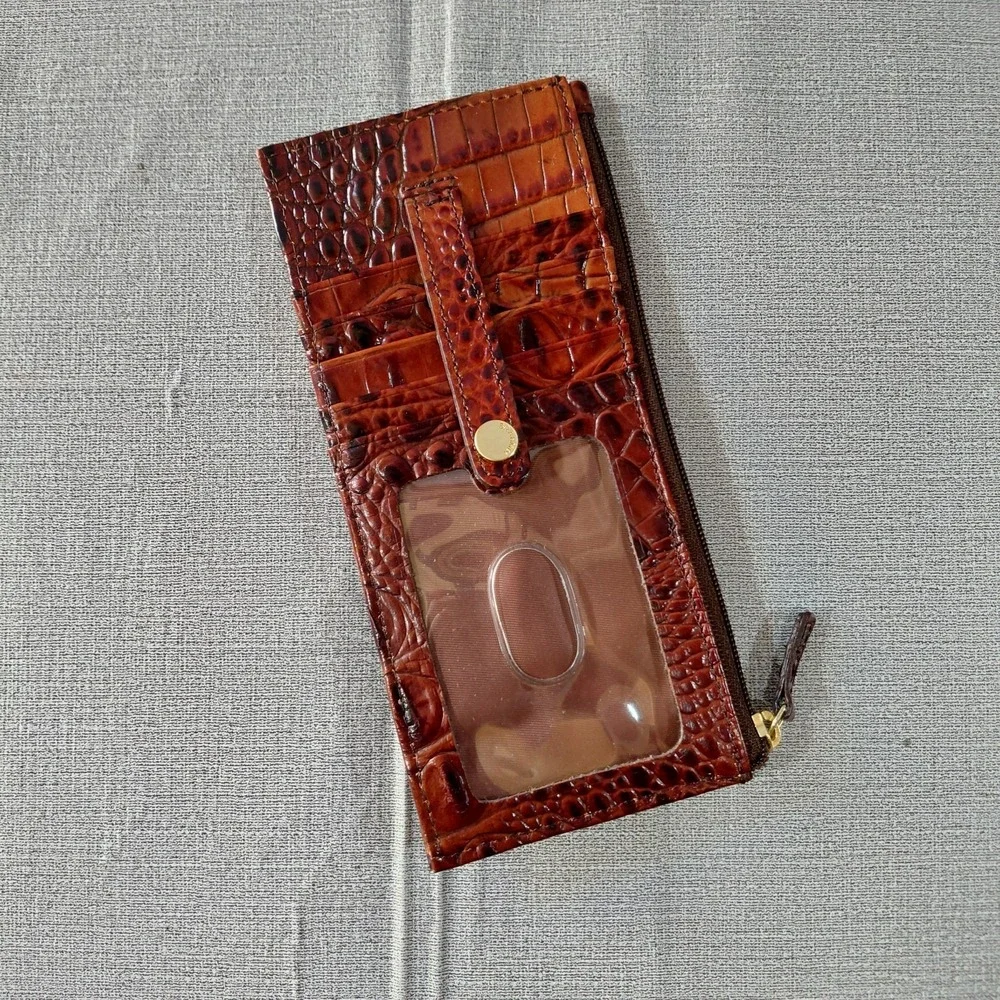Brahmin Croc Embossed Credit Card Holder Wallet Brown Leather Slimline